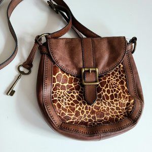 Fossil crossbody brown leather with cowhide details messenger bag.